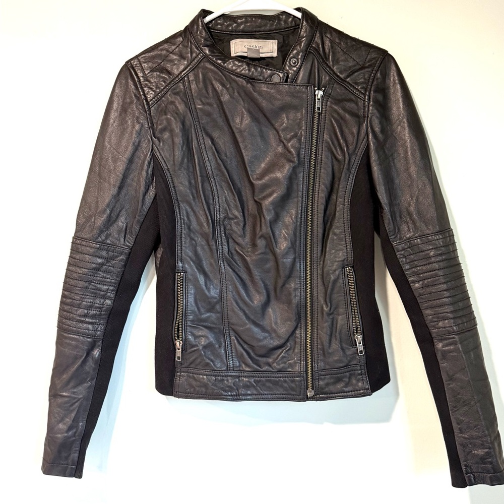 Caslon Black Leather Jacket with Quilted Sleeves 100% leather.